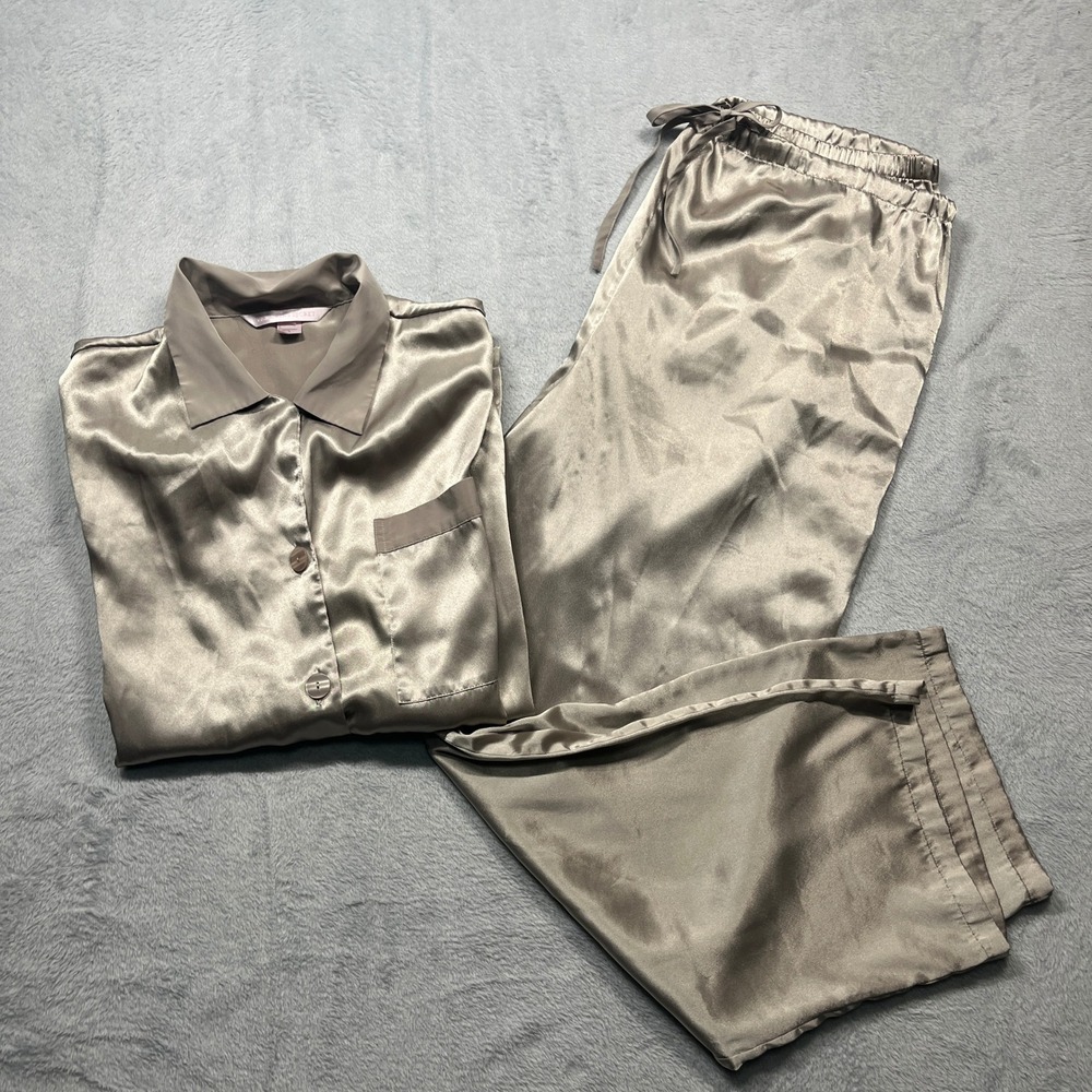 Victoria's Secret Pajama Set Women Taupe Satin Button Front Wide Leg Pant Large